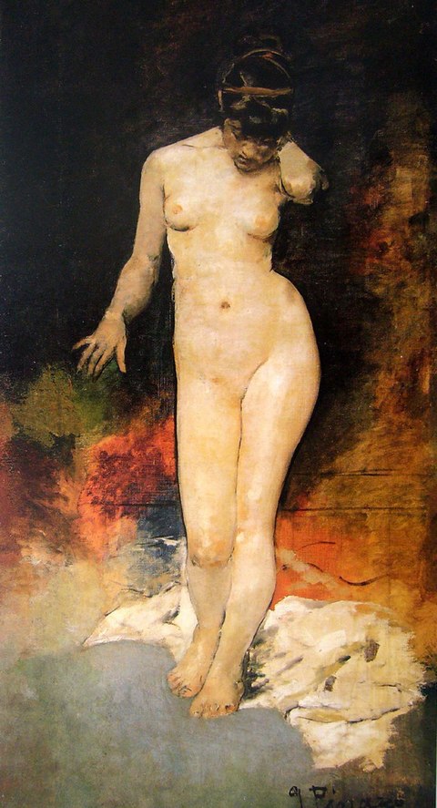 Ignacio Pinazo, Desnudo de frente, c. 1879- 1880. Óleo sobre lienzo, 183 x 99 cm. Museo Nacional de Cerámica «González Martí»